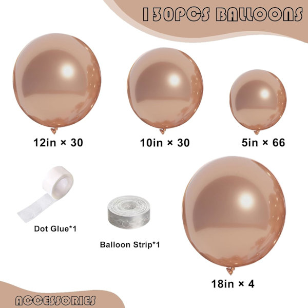 130 st metalliska roséguldballonger i olika storlekar 18\" 12\" 10\" 5\" ballonggirlangbåge perfekt för födelsedag, examen, babyshower, bröllop, Pa Metallic Rose Gold