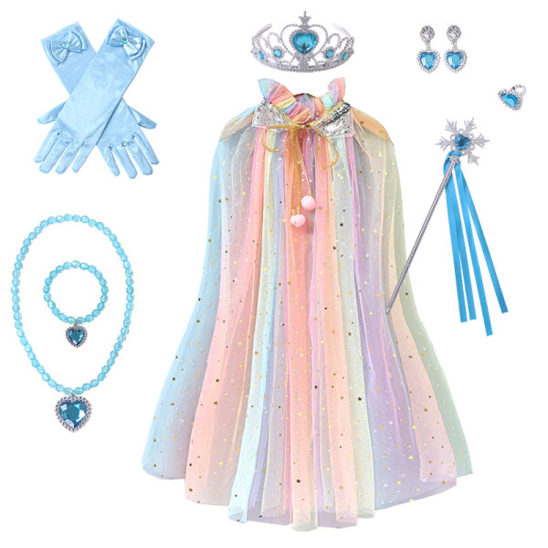 Prinsesse Tulle Kappe med Krone Halskæde Armbånd Tryllestav Prinsesse Udklædningstøj til Små Piger Børn Colorful+Blue Jewelry L(75CM)