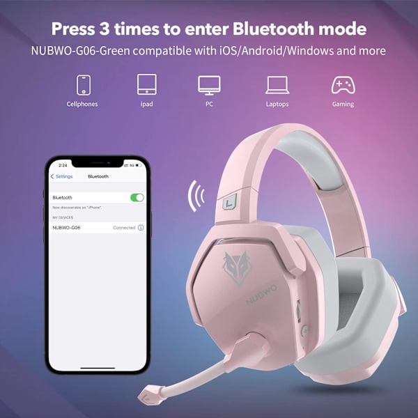 G06 Trådløst Gaming Headset med Krystallklar Mikrofon for PS5, PS4, PC og Switch, 47-timers Batteri, Ergonomisk Design (Rosa) Pink