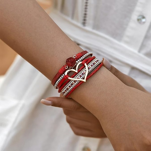 Leopard Armbånd til Kvinder, Boho Læder Wrap Multi-Layer Perle Krystal Armbånd Bangle Smykker Red