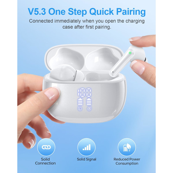 Langattomat nappikuulokkeet Bluetooth-kuulokkeet, 40 tunnin toistoaika Stereo IPX5 vedenpitävät nappikuulokkeet, LED-virranäyttö Langattomat nappikuulokkeet mikrofonilla White