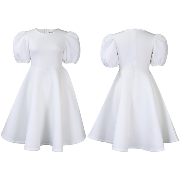 Firkantet hals bobleærmet kort kjole i ét stykke (hvid L)