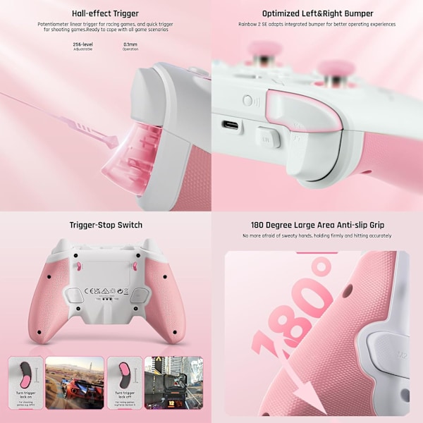 Trådløs Controller, BIGBIG WON Rainbow 2 SE, Hall Effect Trigger, 12-bit ADC, 3 Sæt Joysticks, 4-vejs & 8-vejs D-pad Controller til Switch/PC/Android/iOS Pink