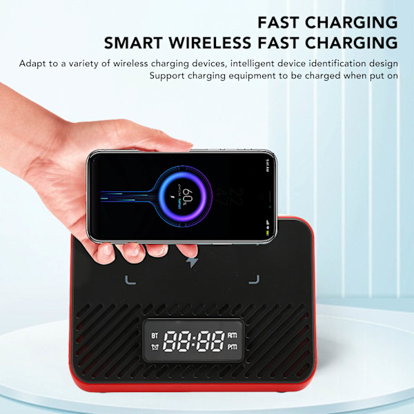 Trådlös laddningsstation 15W 3 i 1 trådlös telefonladdare med Bluetooth-högtalare Digital väckarklocka Red