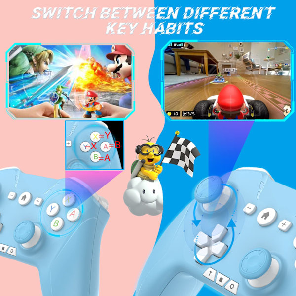 Bluetooth-kontroller for Switch/PC/Steam/Apple Arcade MFi-spill osv., Switch Pro-kontroller trådløs med justerbar dobbeltbevegelse, Turbo, makroer, 6-akser Blue