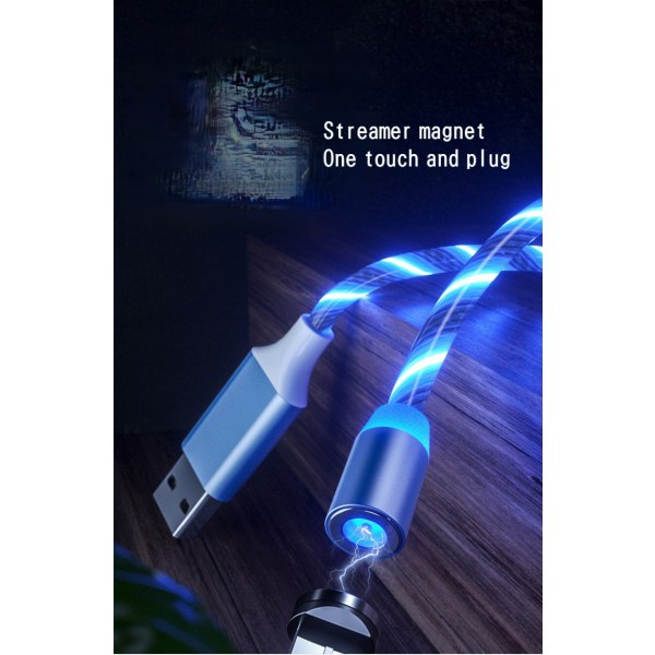 Magnetisk laddningskabel 3A 360°rotation, LED Flowing 3 i 1