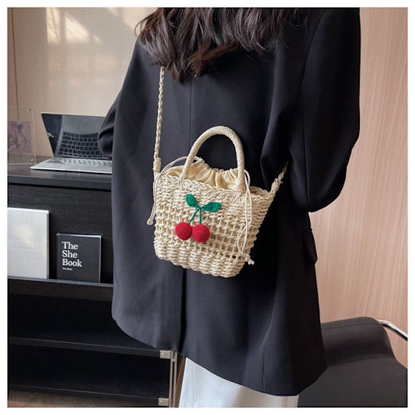 Lille halm spand tasker til kvinder sommer crossbody tasker dame rejse pung og håndtasker kvindelige skulder messenger taske White cherries