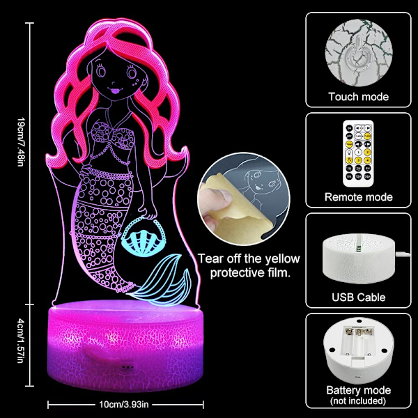 Liten Havfrue 3D Nattelys, Dynamiske RGB Farger Skiftende 3D Illusionslampe med Smart Berøring og Fjernkontroll