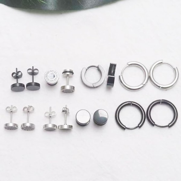 8 Par Sorte Herre Øreringe Stikker, Rustfrit Stål Øreringe til Mænd Sæt Cool Aretes Para Hombre Herre Øreringe Kirurgisk Stål Øreringe