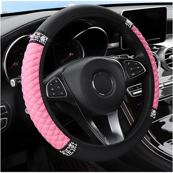 Bling Bilrattsskydd, 15 Tum Strass Mjukt Läder Elastiskt Ratt Skydd, Glittrande Kristall Diamant för Kvinnor Pink