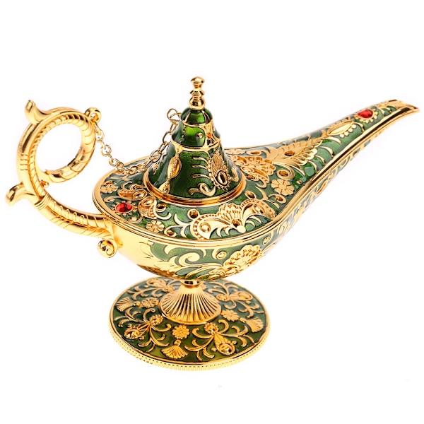Metallskåret hul legendelampe hul Aladdin magisk ånd lys ønskepotte dekor (grønn)