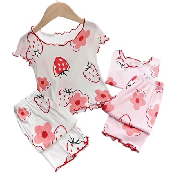 Pige Tøj Tynde Pyjamas Jordbærmønster, M (Pink)