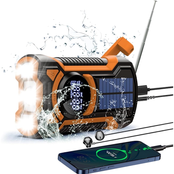 Nødvejrradio, Vandafvisende Bluetooth Bærbar AM/FM/NOAA Vejrradio, 5000mAh USB Håndsving Solradio, Telefonoplader, Lommelygte, SOS Orange