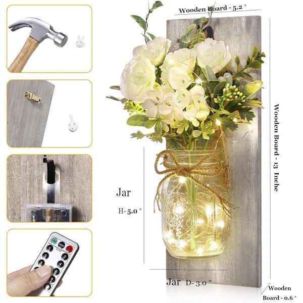 2 st rustika vägglampetter handgjorda väggkonst hängande design med fjärrkontroll LED, juldekoration present heminredning vardagsrumslampor White Rose+grey Board