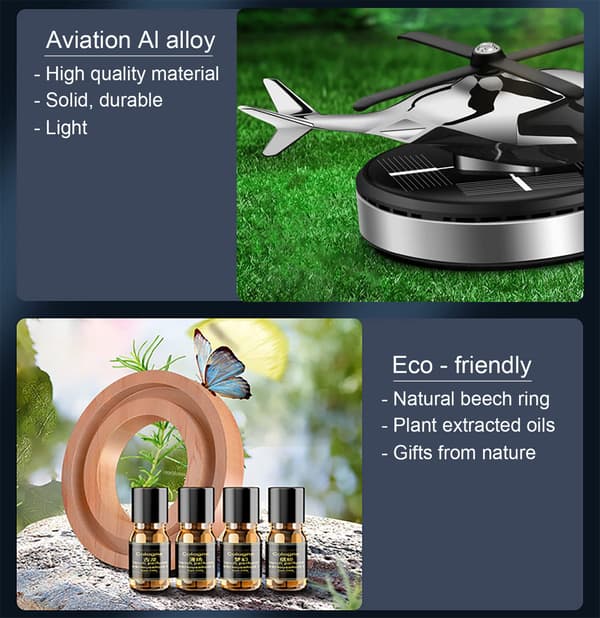 Bilduftfrisker - Helikopter Solar Roterende Aromaterapi Diffuser, Bil- og Hjemmeindretningstilbehør, til Bil/Hjem Duft Silver