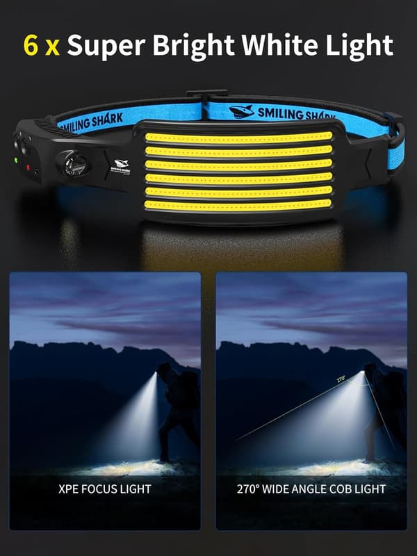 Laderbar hodelykt, 230° Bred Vinkel 6*Hvitt Lys Den Lyseste LED Hodelykt med Bevegelsessensor Vanntett Hodelykt for Camping Vandring Utendørs