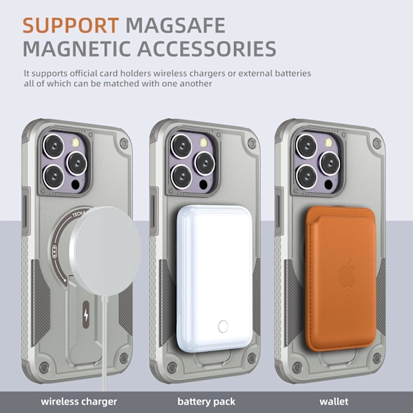 Magnetisk iPhone-etui med stativ, kompatibel med MagSafe, robust innebygd støtte, militærgradert fallbeskyttelse støtsikker for iPhone Grey iPhone 14 Pro Max