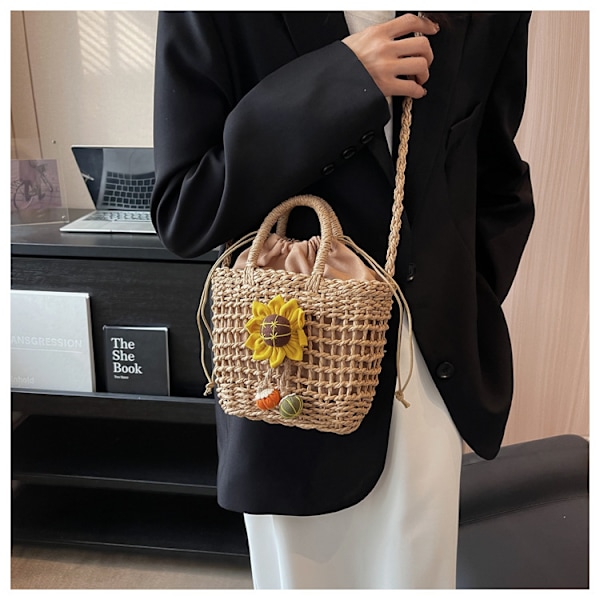 Lille halm spand tasker til kvinder sommer crossbody tasker dame rejse pung og håndtasker kvindelige skulder messenger taske khaki sunflower
