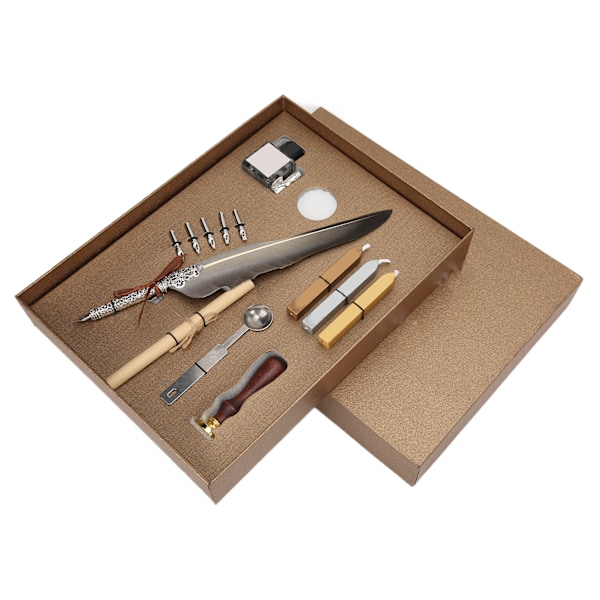 Fjäderpenna Set Mjuk Skrivande Retro Design Snidning Utseende Kalligrafi Penna Kit för Skrivning PresentSFDPS038031 Spetsig Grå Fjäder
