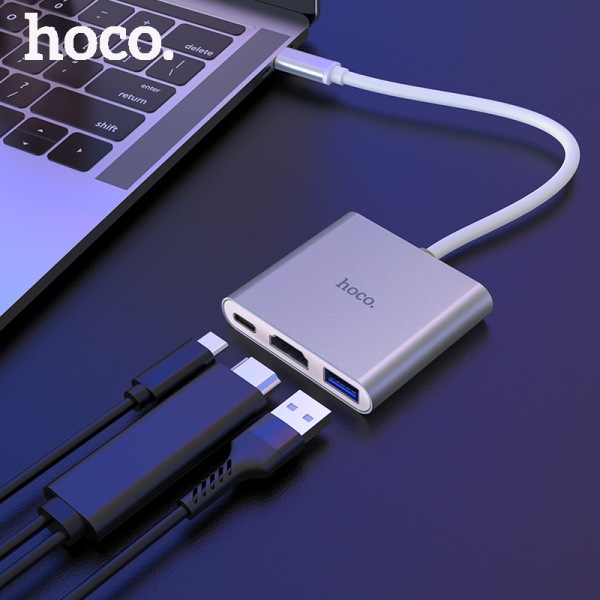 hoco. HB14 Type-C Converter Type-C til USB3.0 +HDMI+PD Aluminiumslegeringsadapter