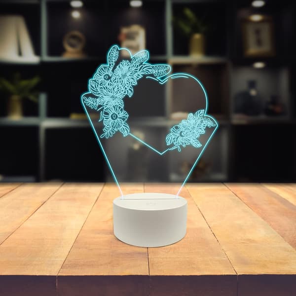 Kjærlighet 3D LED Bordlampe, Hjerteformet Par med Eksotisk Blomst