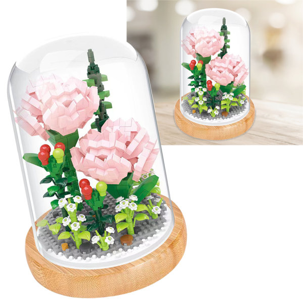 Växtbyggstenar Miniatyr DIY Byggstenar Bukett Krukväxter Prydnader Dekoration Leksaker med Skyddande Överdrag Carnation