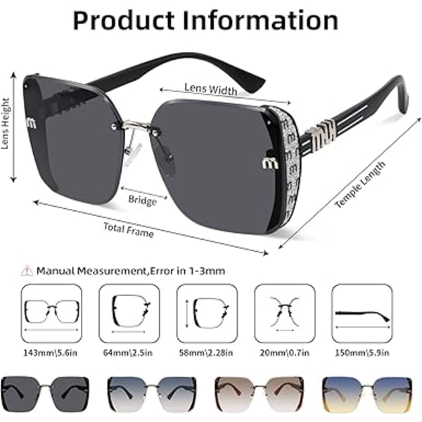 Klassiske Trendy Firkantede Oversized Solbriller Dame Herre UV400 Store Designer Shades Black Frame/Grey