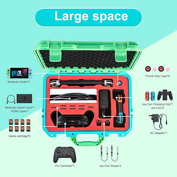 Väska för Nintendo Switch/Switch OLED, Vattentät Reseväska Mjukt Foder Hård Väska för Nintendo Switch OLED Konsol Pro-kontroll & Tillbehör Green