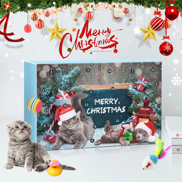 Julkalender för Katter 2024, 24 Dagar Julklappskalender med Olika Interaktiva Kattleksaker för Kattungar och Katter, Julklappsöverraskningar för Katter