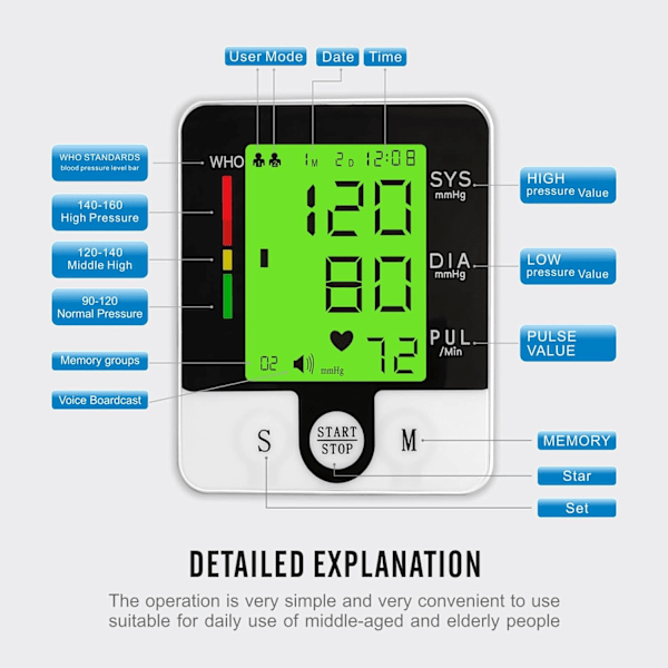 Handledsblodtrycksmätare, handledsmanschettmonitor automatisk handledsband digital justerbar hem BP med stor LCD-display blodtrycksmätare, lagrar Black