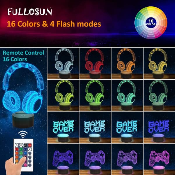 Pixel Game Over Illusjonslampe, Gamepad 3D Nattlys (3 Pat