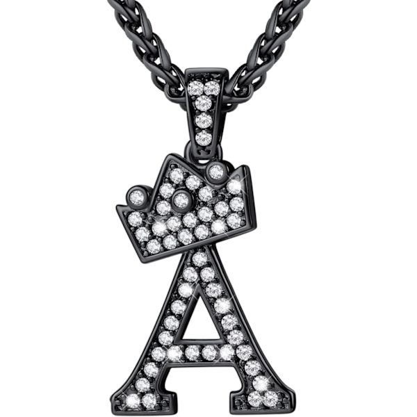 Krone Initial A-Z Halskæde, Iced Out Bogstav Vedhæng med 22-24 Tommer Kæde, Mænd Kvinder Bling Hip Hop Alfabet Navn Smykker Gave Store Initialer Halskæder A Black