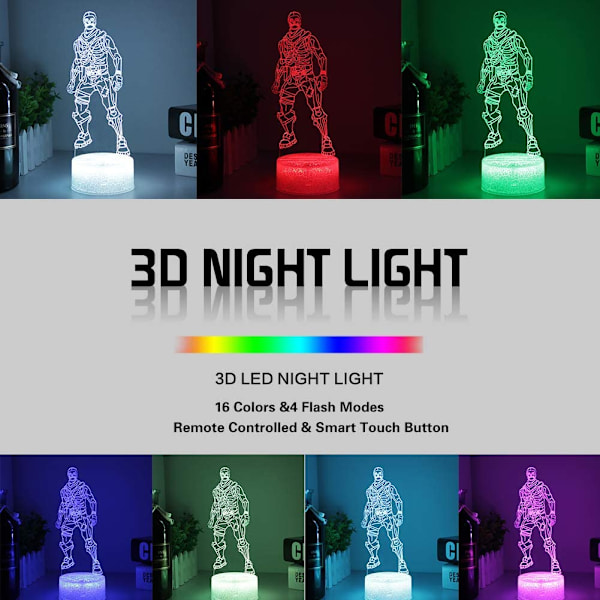 Fjernstyrt 3D nattlyslampe med 16 farger, skiftende visuell effekt, skrivebordslampe, nattbordlampe, hjemmedekorasjon til soverommet