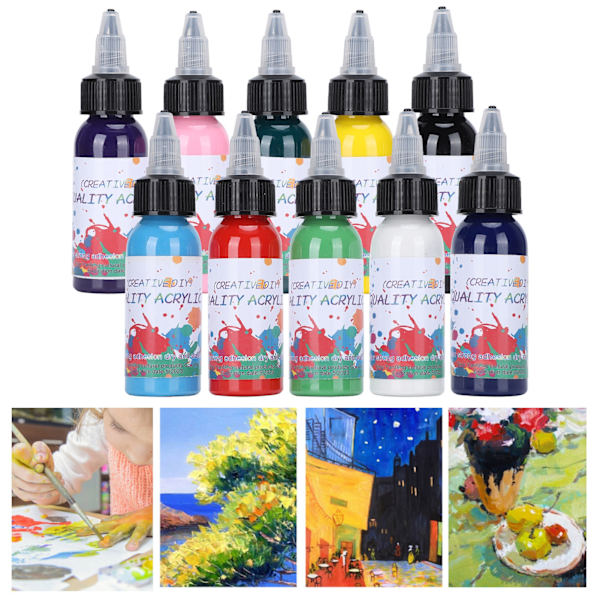 10 Flaskor Akrylfärg Set Färgglada för Konst Student Målning Pigment Plast Boxad 30ml