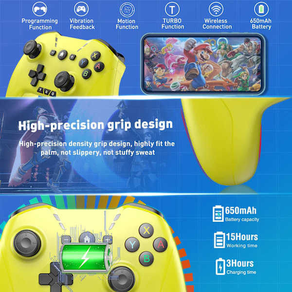 Bluetooth-kontroller for Switch/PC/Steam/Apple Arcade MFi-spill osv., Switch Pro-kontroller trådløs med justerbar dobbeltbevegelse, Turbo, makroer, 6-akser Yellow