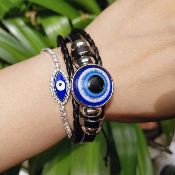 Blå onda ögats armband i turkisk stil, justerbar längd, handvävt läder, herr