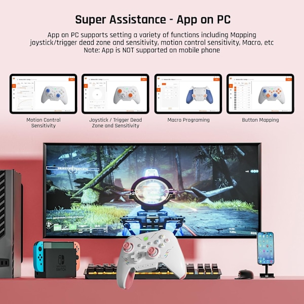 Trådløs Controller, BIGBIG WON Rainbow 2 SE, Hall Effect Trigger, 12-bit ADC, 3 Sæt Joysticks, 4-vejs & 8-vejs D-pad Controller til Switch/PC/Android/iOS Pink
