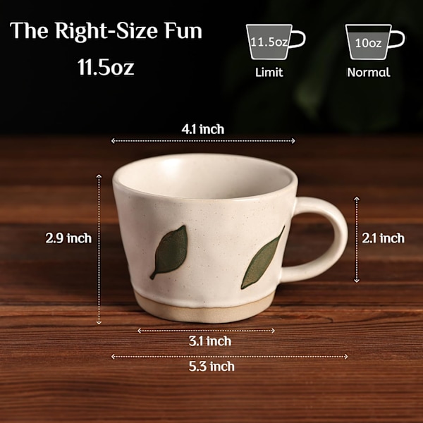 Lehtikuvioinen muki, 330 ml keraaminen kahvikuppi teelle, latelle ja cappuccinolle, söpö ja ainutlaatuinen kivitavarasta valmistettu teekuppi kahvalla Green Leaf