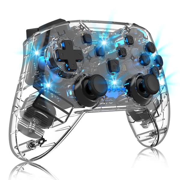 Game Controller til PC/Switch/Tesla model 3/y/x/s, Transparent LED-baggrundsbelysning, Understøtter dobbelt motor og dobbelt vibrationsfunktion (transparent sort)