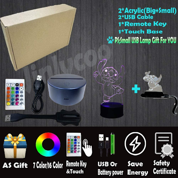 Lilo og Stitch Lampe for Soverom 3D Visuell Tegneserie LED Nattelys 7 Farger USB Berøringsfjernkontroll Endre Romdekorasjon Bord Stemnings Lava Baby Sove Lys