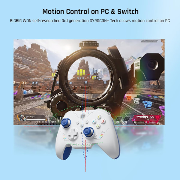 Trådløs Controller, BIGBIG WON Rainbow 2 SE, Hall Effect Trigger, 12-bit ADC, 3 Sæt Joysticks, 4-vejs & 8-vejs D-pad Controller til Switch/PC/Android/iOS Blue