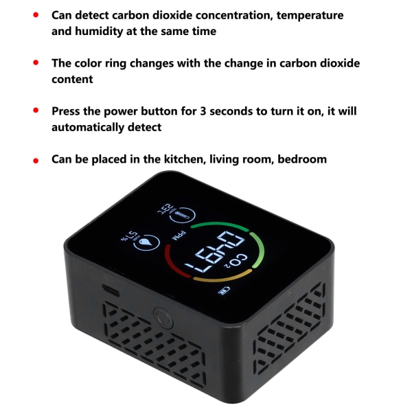 CO₂-ilmaisin Digitaalinen lämpömittari Hygrometrinen Ilmanlaadun monitori TVOC Formaldehydi-ilmaisin Black