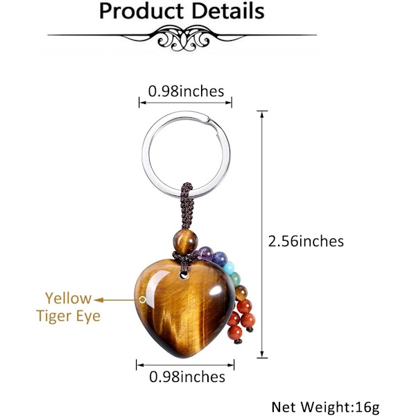 Naturlig krystallhjerte edelsten nøkkelring 7 chakra helbredende stein nøkkelring sjarm for kvinner Tiger Eye