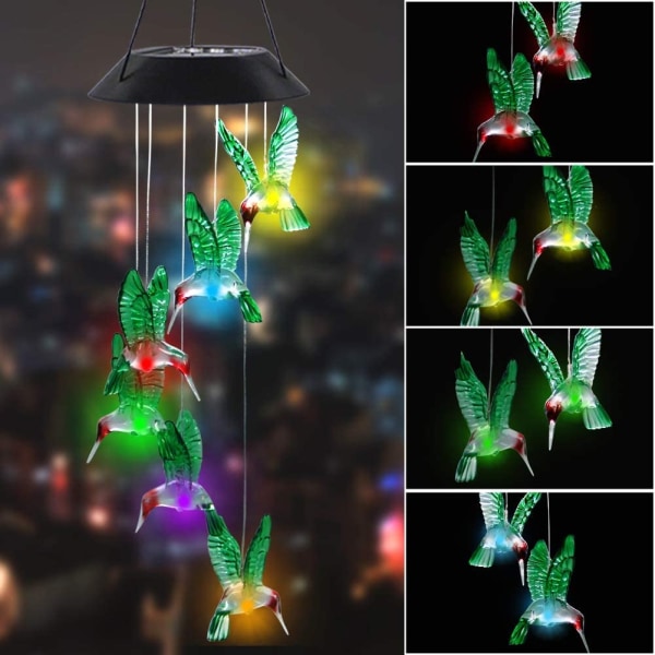 LED Solar Hummingbird Wind Chime, 25" mobil hængende vindklokke til hjemmehave dekoration, Automati