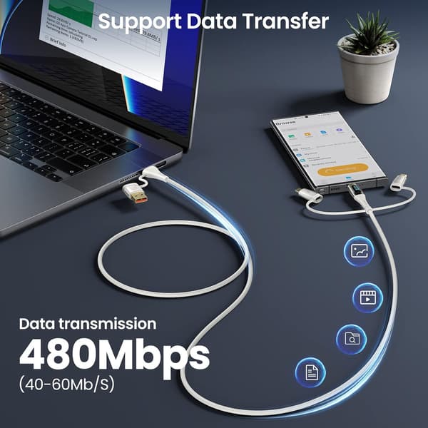 USB-C til Multiopladningskabel, USAMS 100W 4FT 5A Type C til Type C Hurtigopladerledning med LED-display 5-i-1 C/A til C/Micro/IP Synkronopladeradapter White 2m