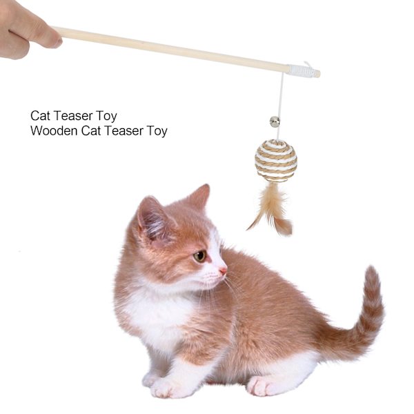 Trä katt leksak teaser stav med rund boll fjäder kattunge interaktiva leksaker