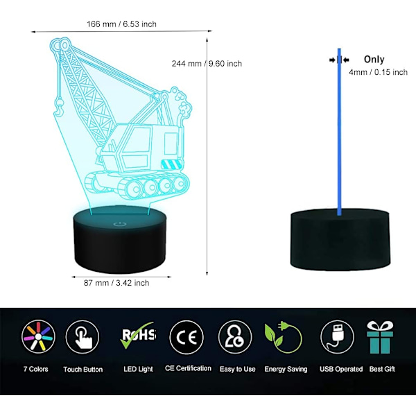3D Illusion Lamp USB LED Kranbil Nattljus Skrivbord