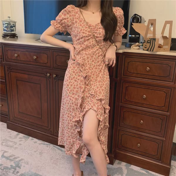 Blomstret High Low V-udskæring Flowy Fest Lang Maxikjole (Pink)