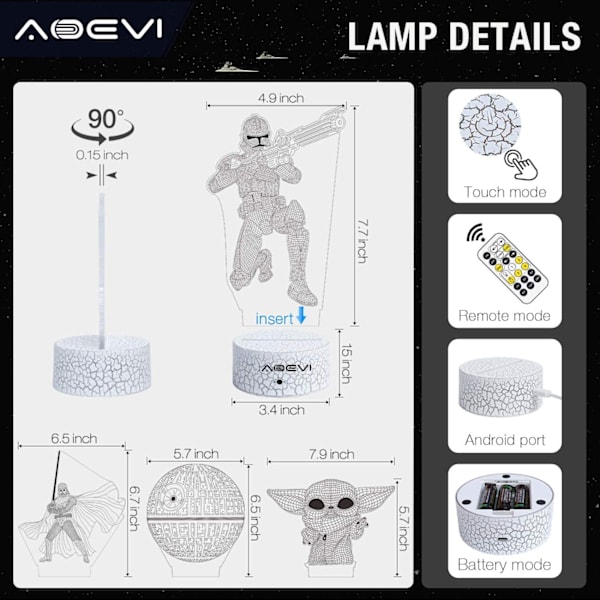 Star Wars-gåvor 3D nattlampa för barnrumsinredning, Star Wars-leksaker med 7 färger som byter Starwars-lampa med fjärrkontroll och timer, gåvor till bror