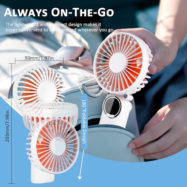 Bærbar ventilator, Mini bordventilator genopladelig med LED-display, 180° foldbar personlig håndventilator med snor som halsventilator, stærk vind og